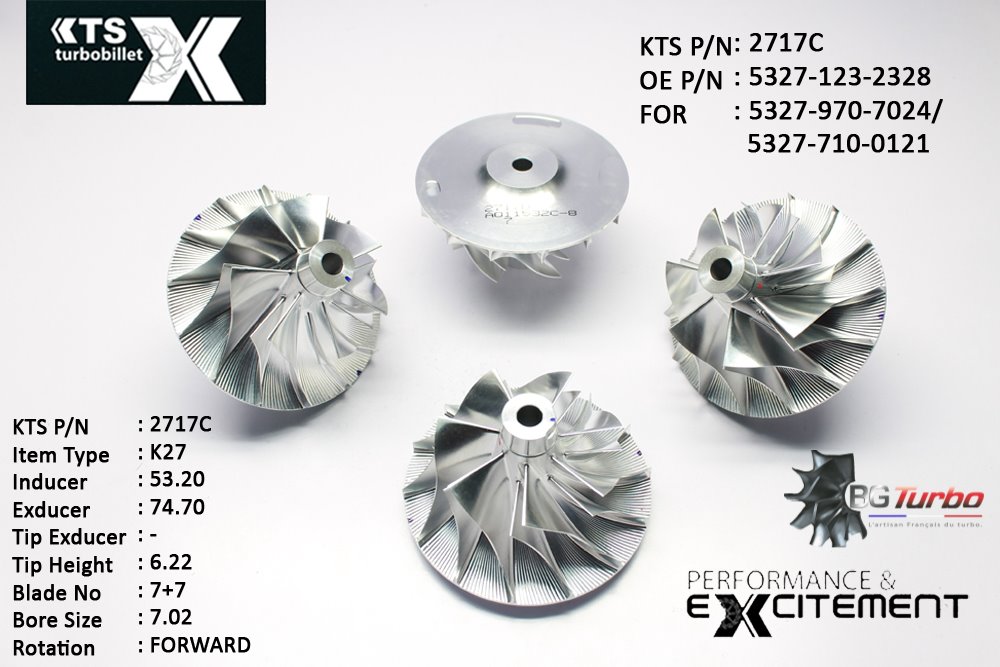 Turbo ROUE FORGÉE MFS PERFORMANCE - 7+7 PALES - INDUCER : 53,2 - EXDUCER : 74,7 - TYPE : K27ANGLE : 90° - ROTATION : Forward - SUPER BACK : 5 - BORE SIZE : 7,02
